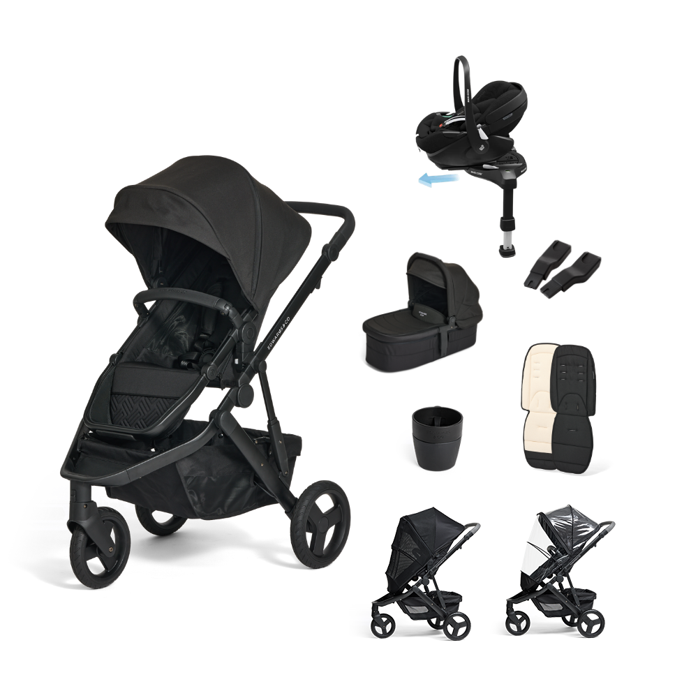 Black Luxe Oscar Nu bundle with Carry Cot 3, car seats, and other pram's components from Edwards & Co