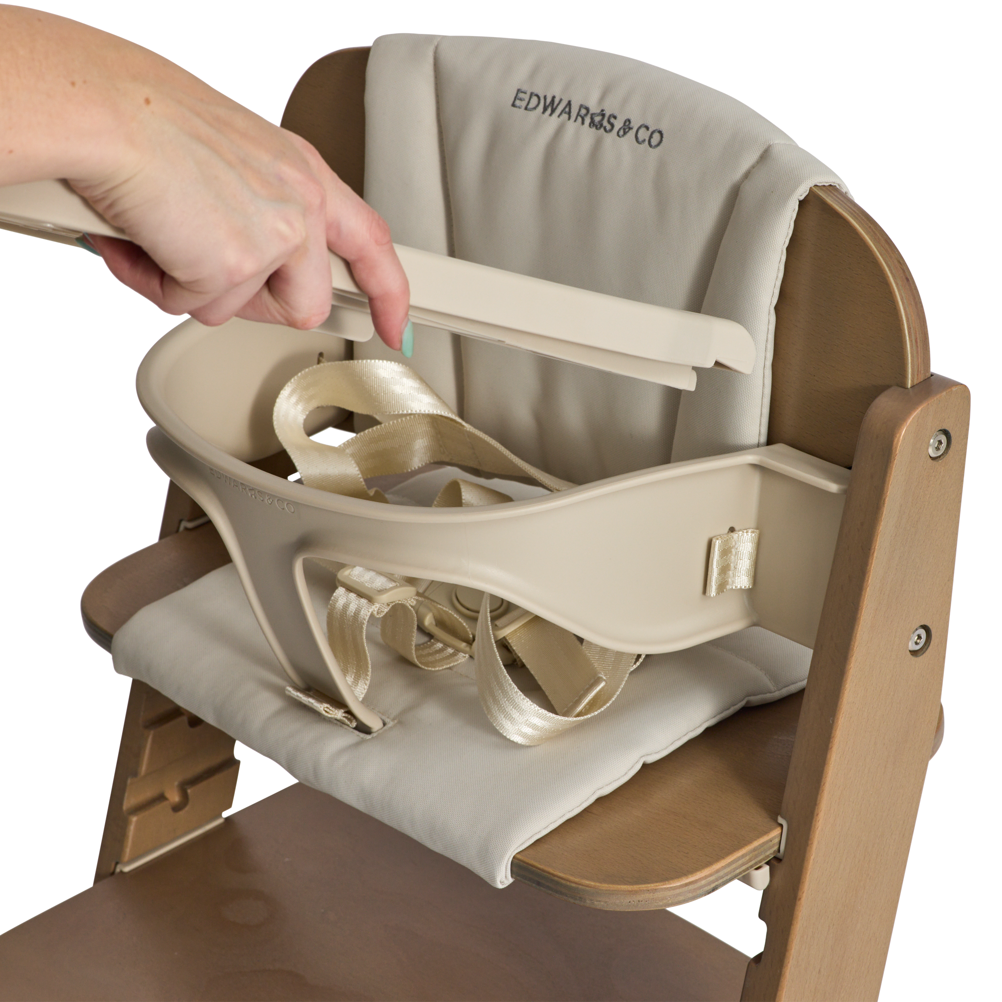 Frankie Highchair Walnut remove saddle on a white background