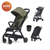 Khaki Lucci stroller, cup holder, and rain cover and a sun cover on a white background.