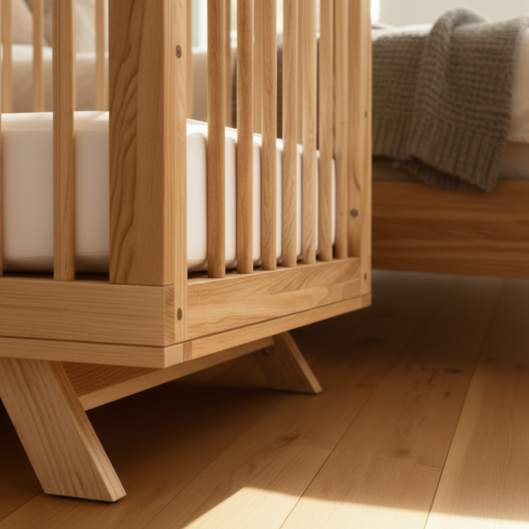MacKenzie Cot with white mattress and gray blanket on a wooden floor.