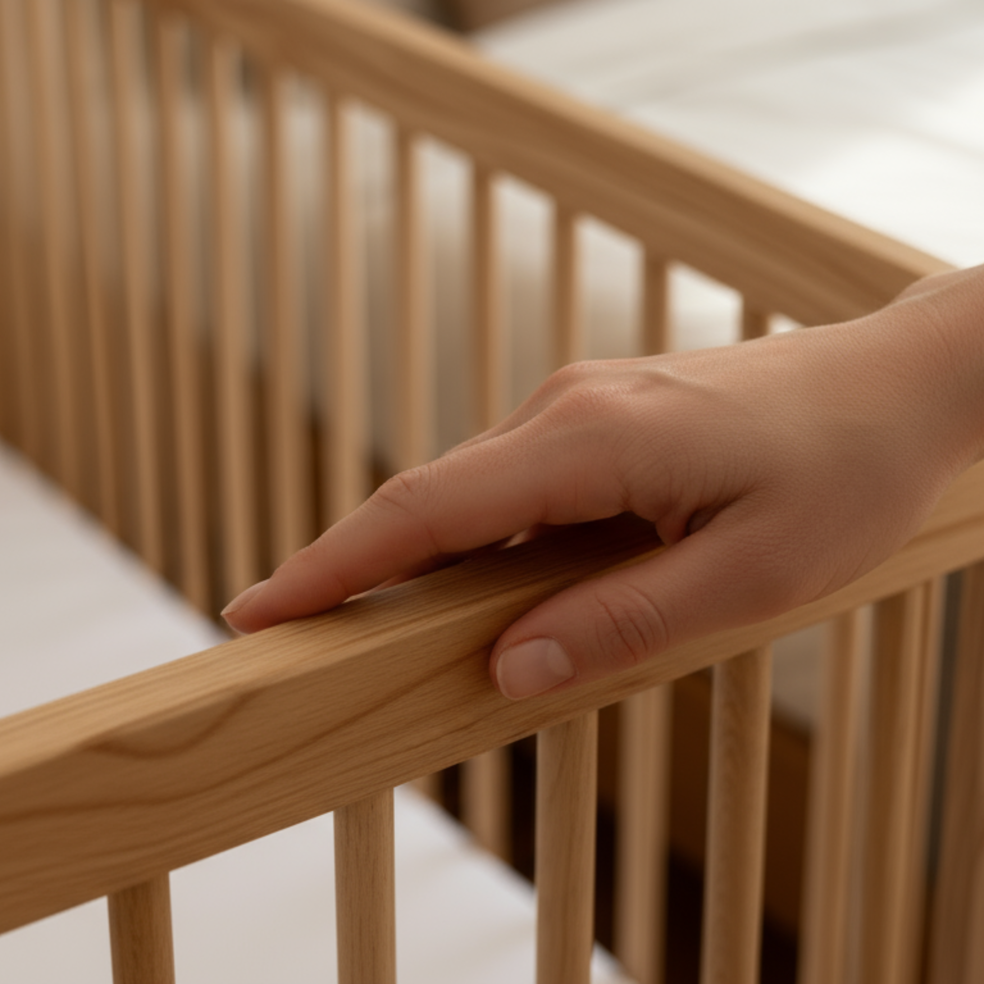 Hand touching a MacKenzie cot rail