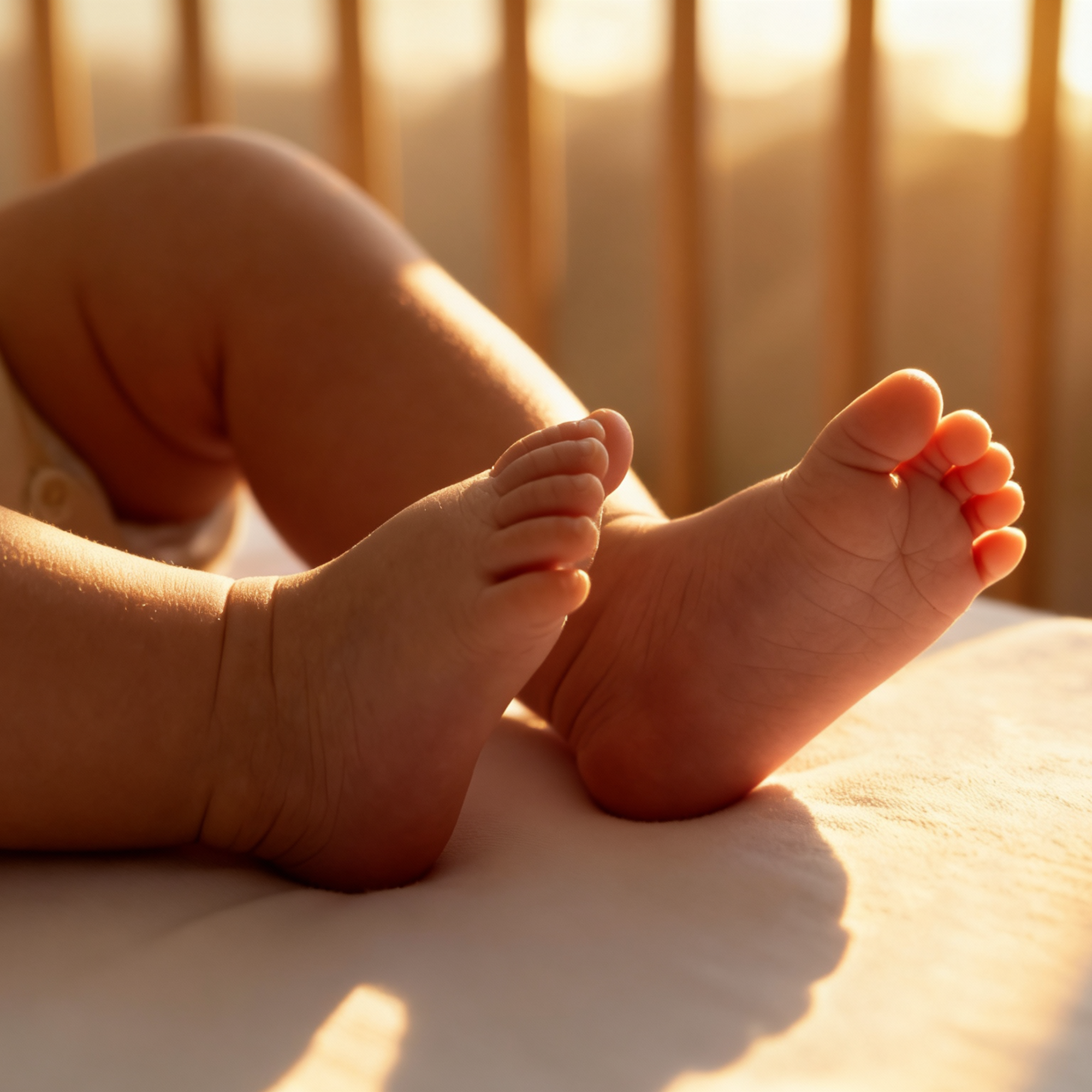 Close-up of a child's feet with a warm glow, possibly from sunlight.
