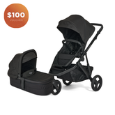Black Oscar Nu stroller and Carry cOT 3 with a $100 voucher icon on a white background