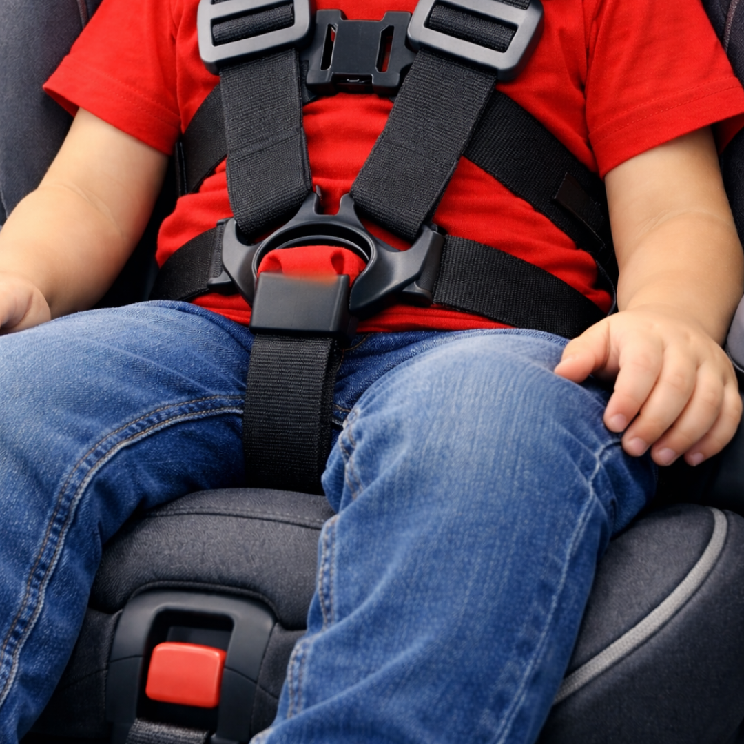 Child harnessed on car seat