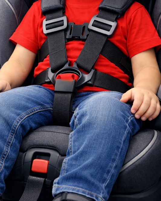Child harnessed on car seat