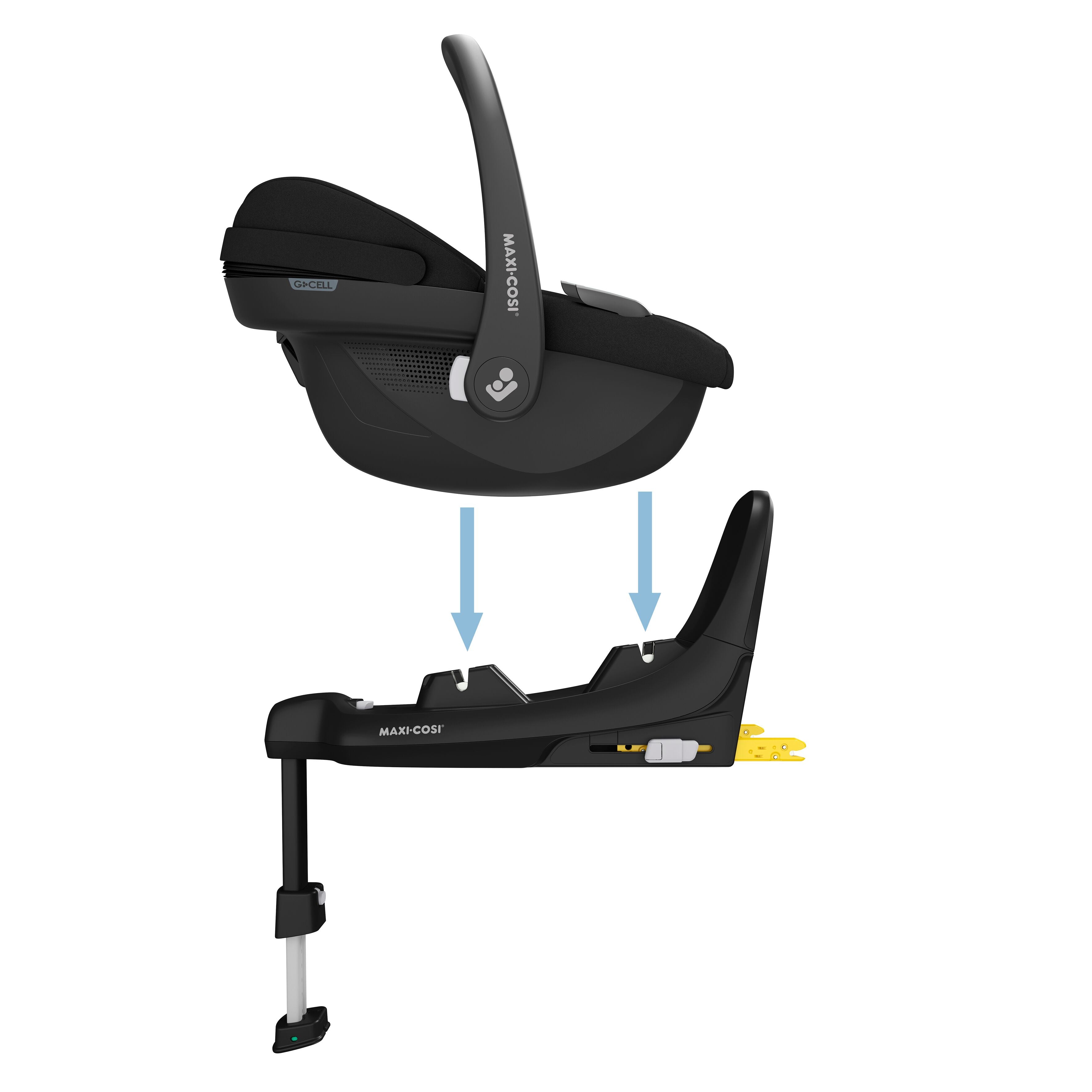 Adjusting Maxi-Cosi FamilyFix S Base with Pebble S on a white background