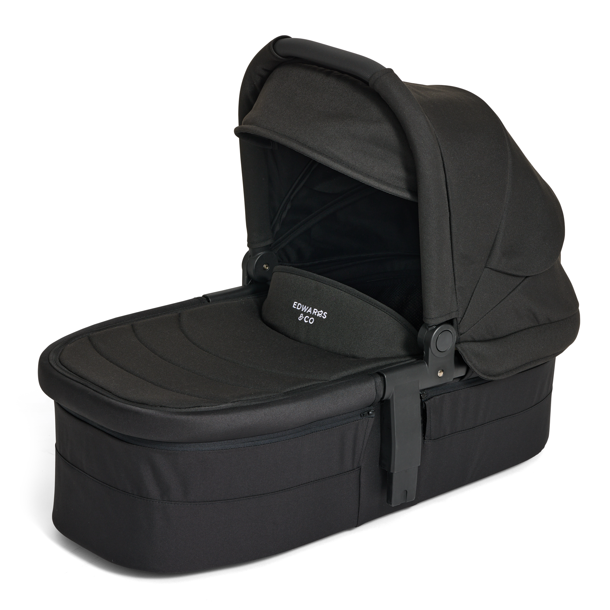 Black baby carry cot with 'Edwards & Co' branding on a white background