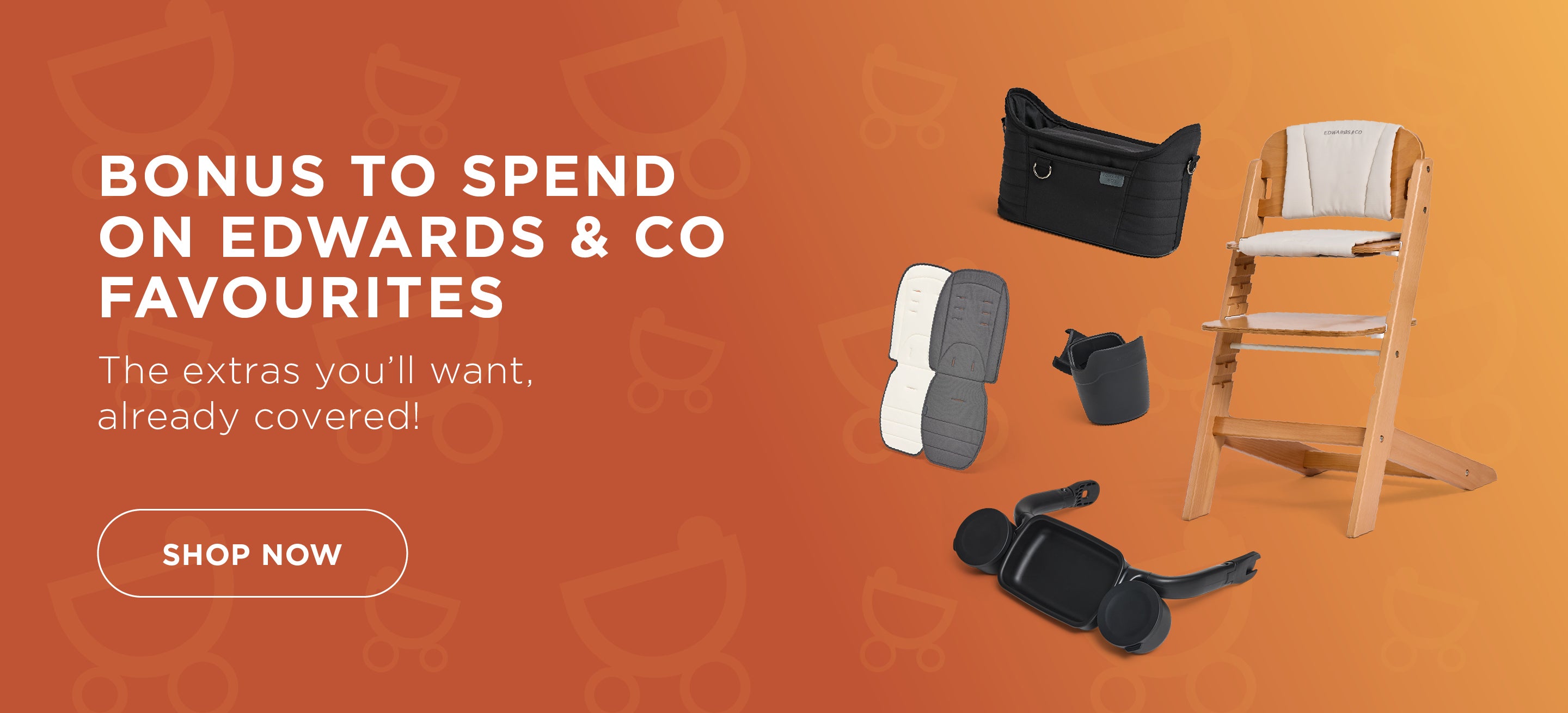 Promotional banner with baby products and a high chair on an orange background