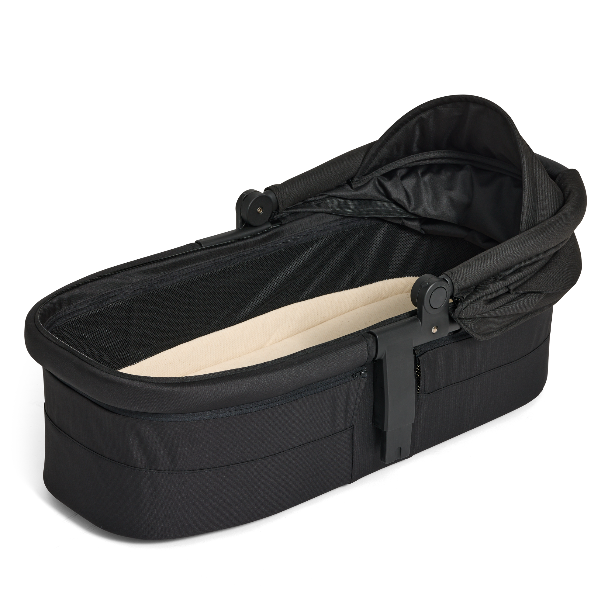 Black baby carry cot with beige interior on a white background