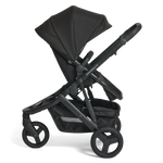 Black Luxe Oscar Nu pram with extended canopy on a side view