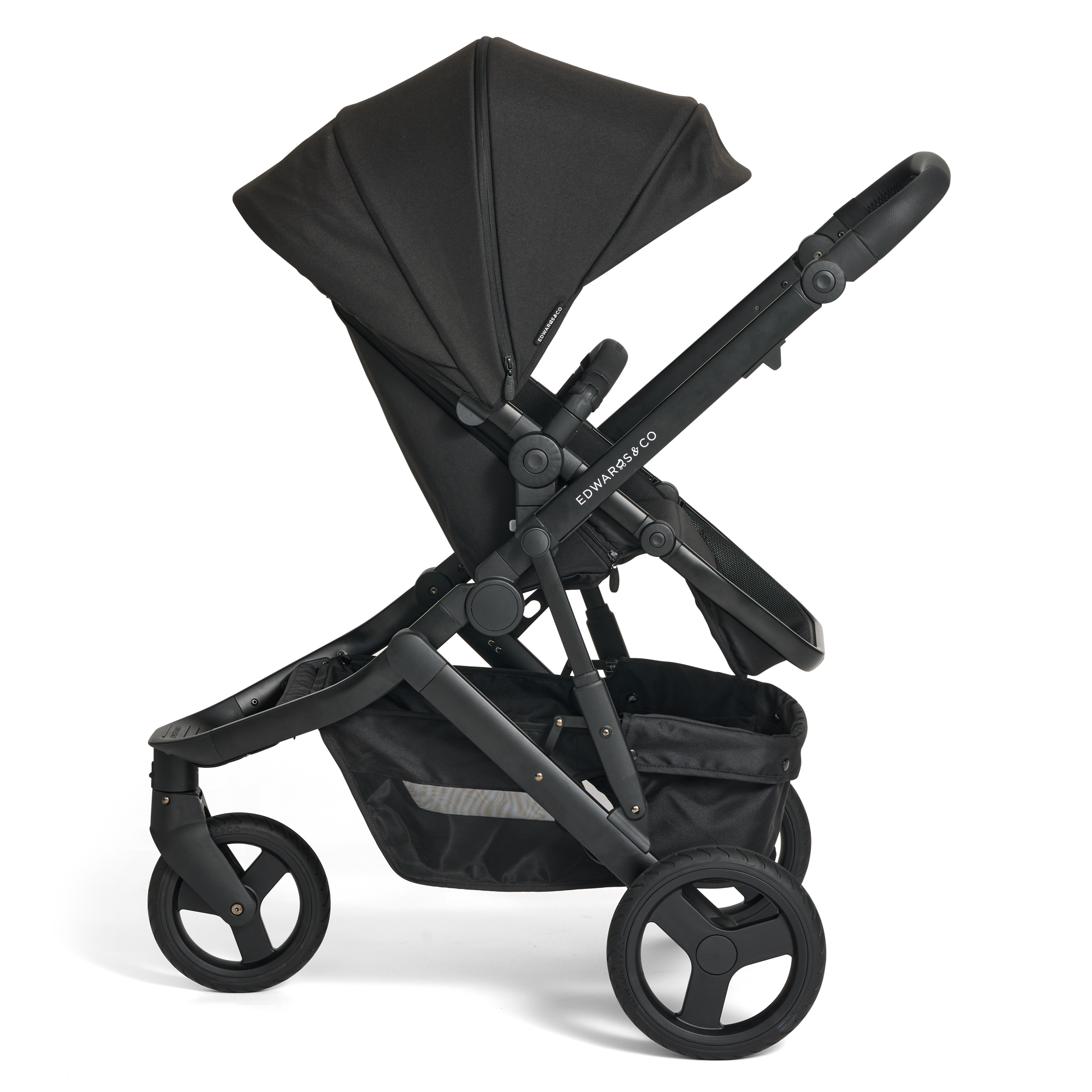Black Luxe Oscar Nu pram with extended canopy on a side view
