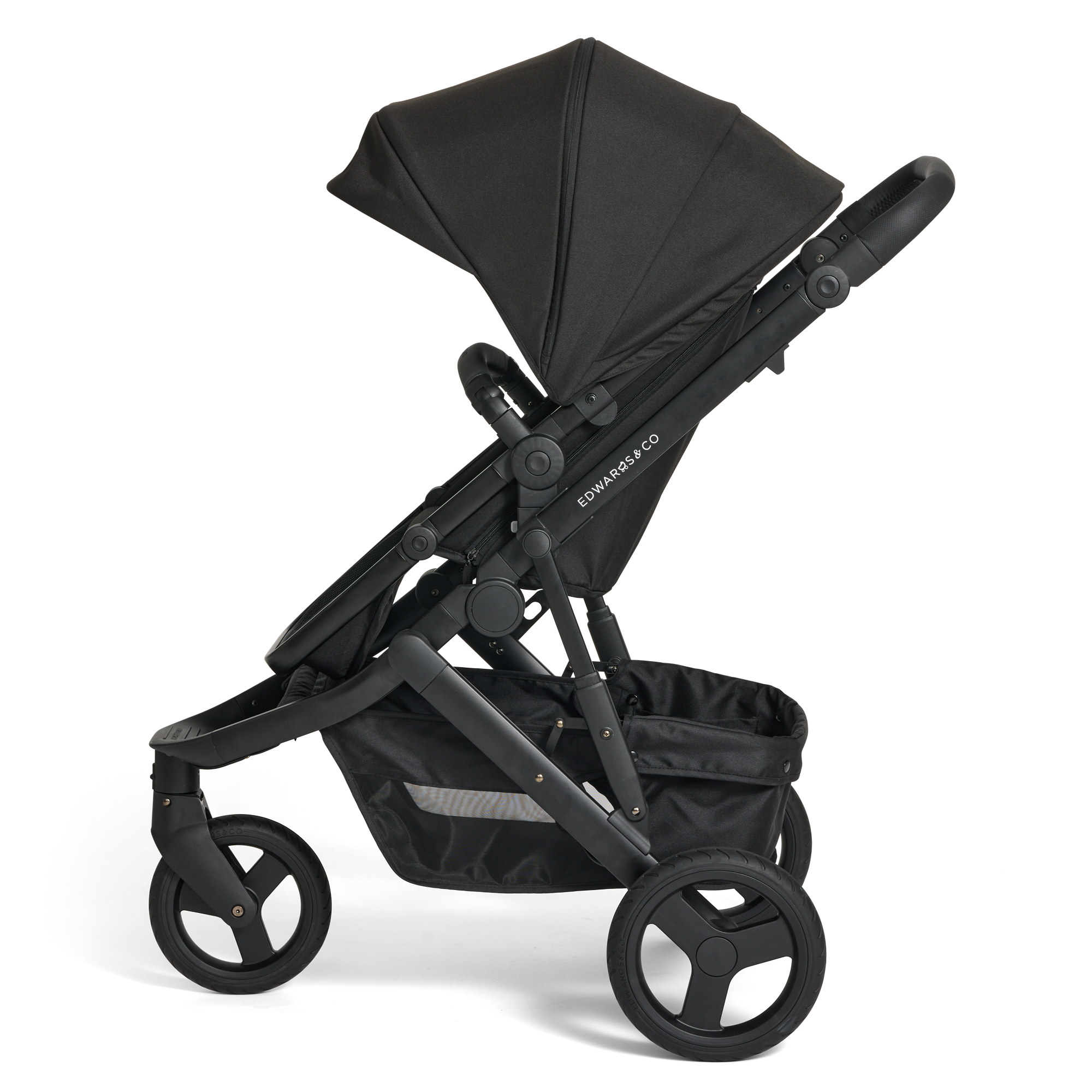 Black Oscar Nu stroller with a canopy on a white background on a side view