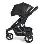 Black Oscar Nu pram with extended canopy on a side view
