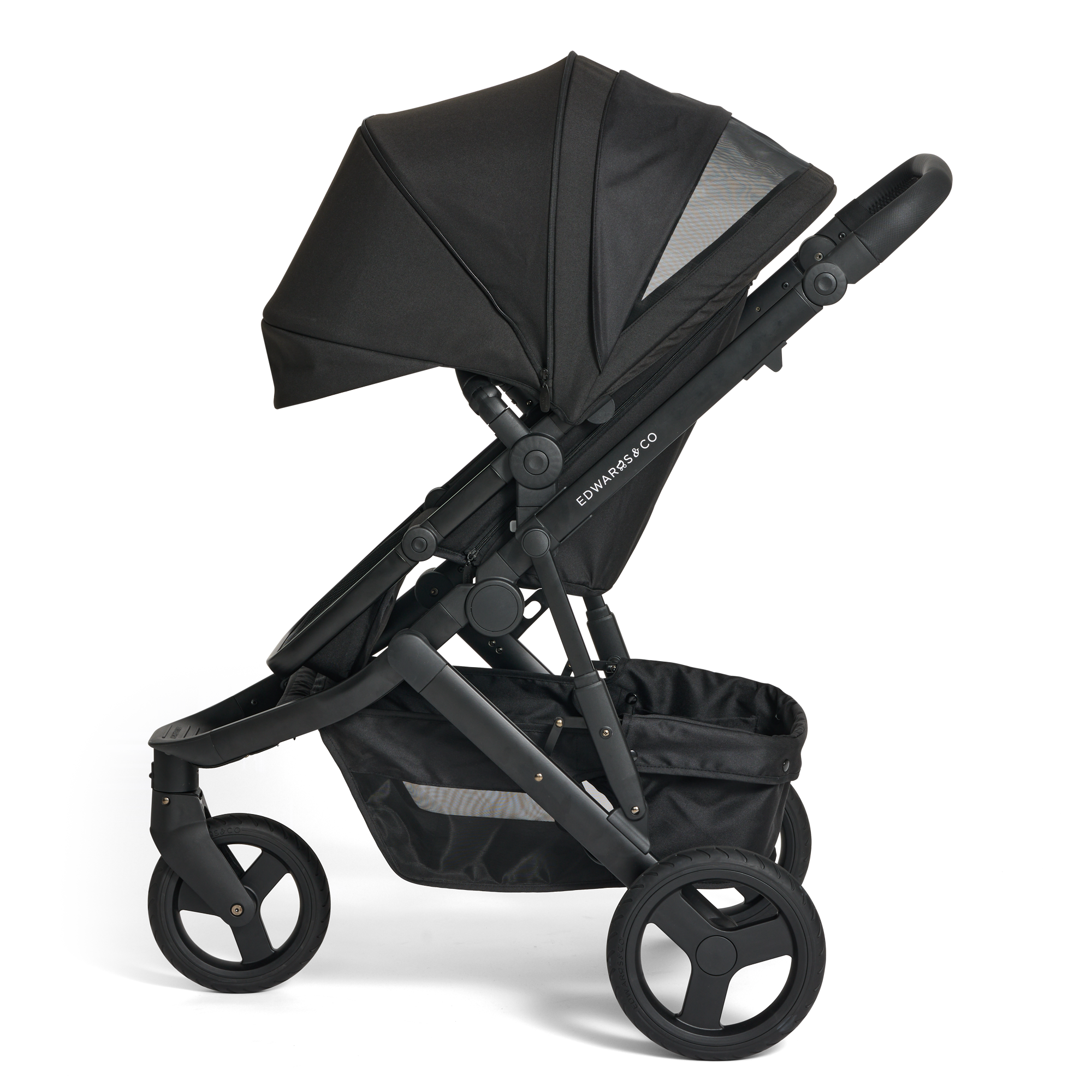 Black Oscar Nu pram with extended canopy on a side view