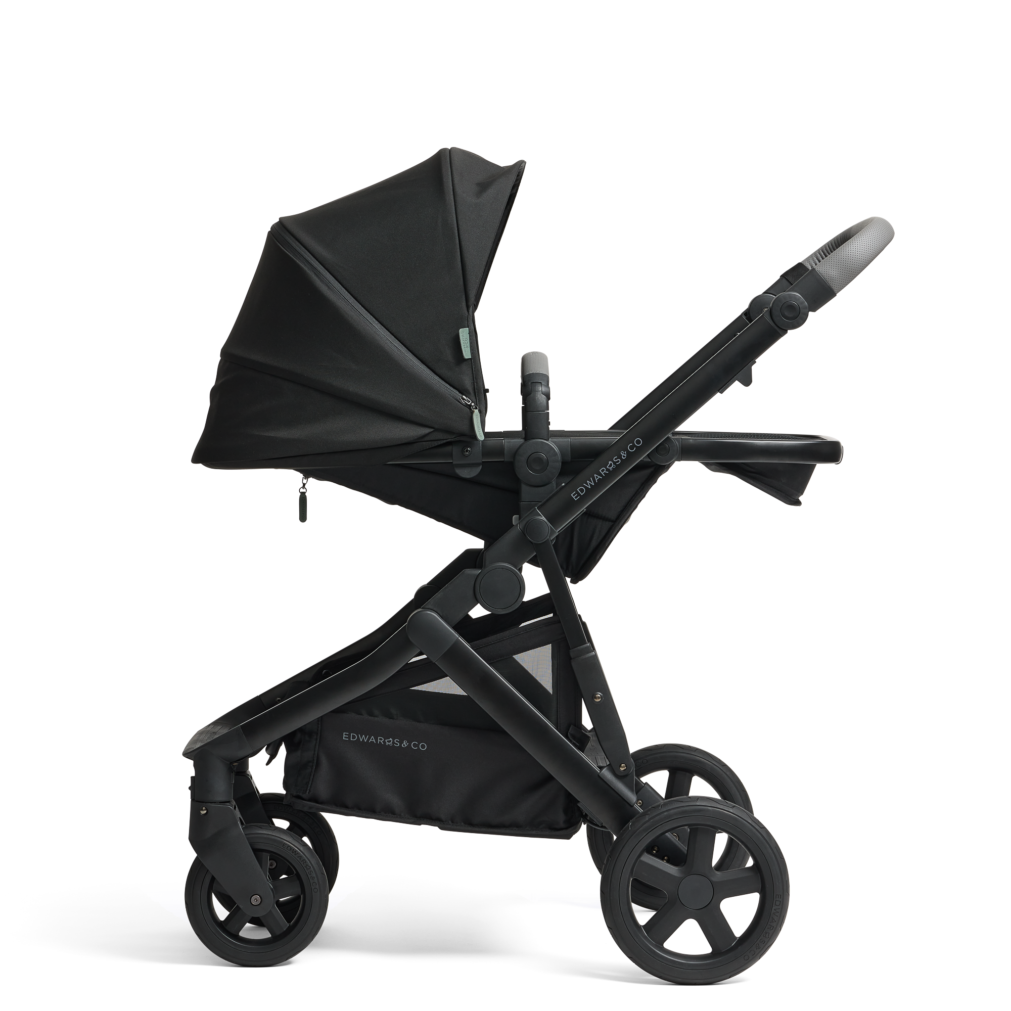 Olive pram in a parental facing side on a side view