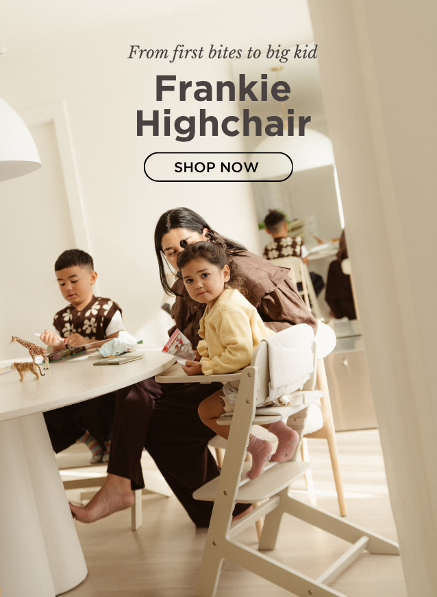 Advertisement for Frankie Highchair with family at dining table