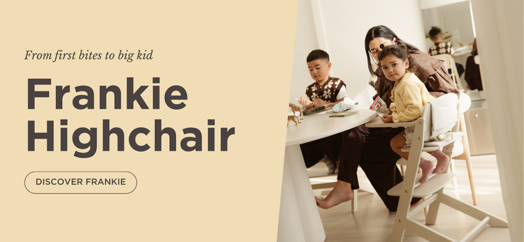 Advertisement for Frankie Highchair with a family using the highchair at a table.