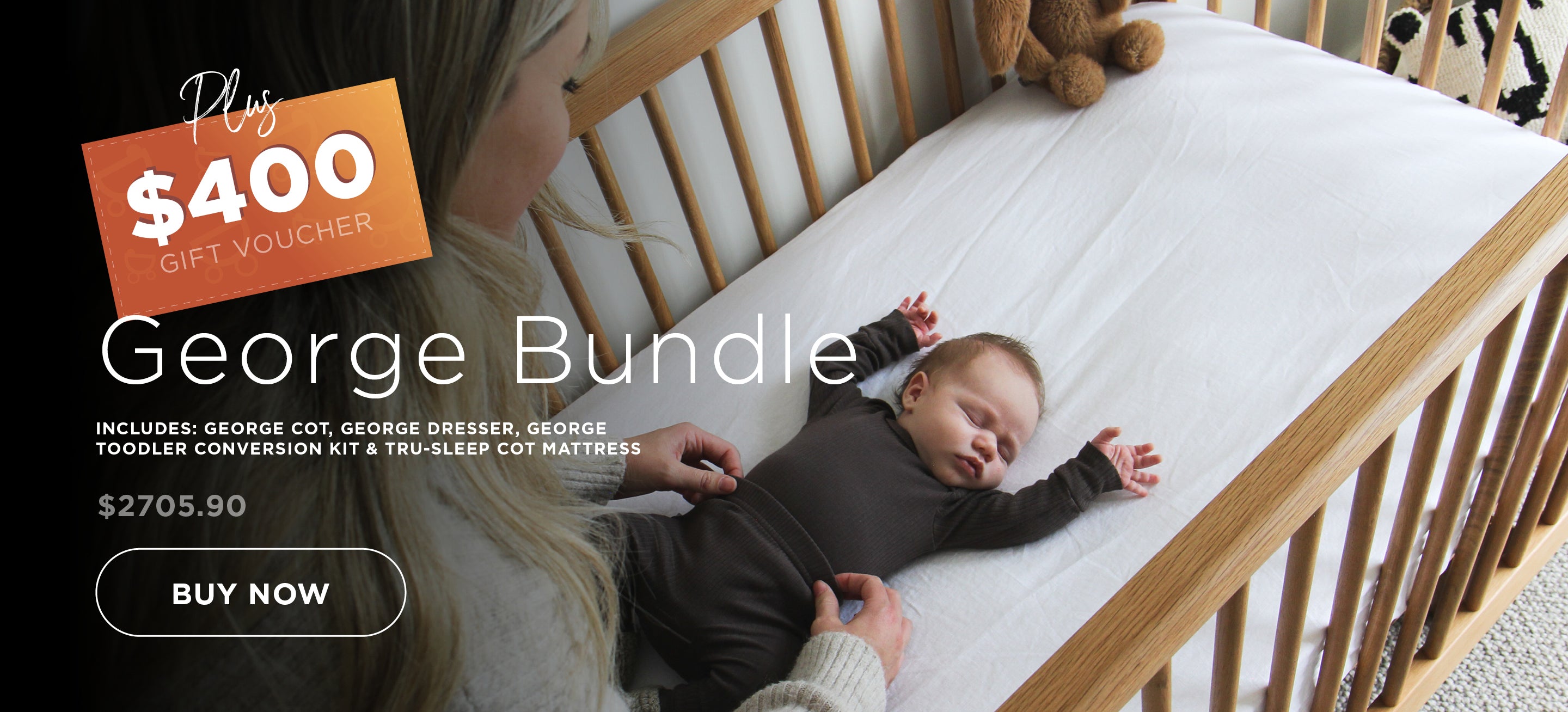 Baby lying in a crib with a mother, promotional text for a George Bundle offer.