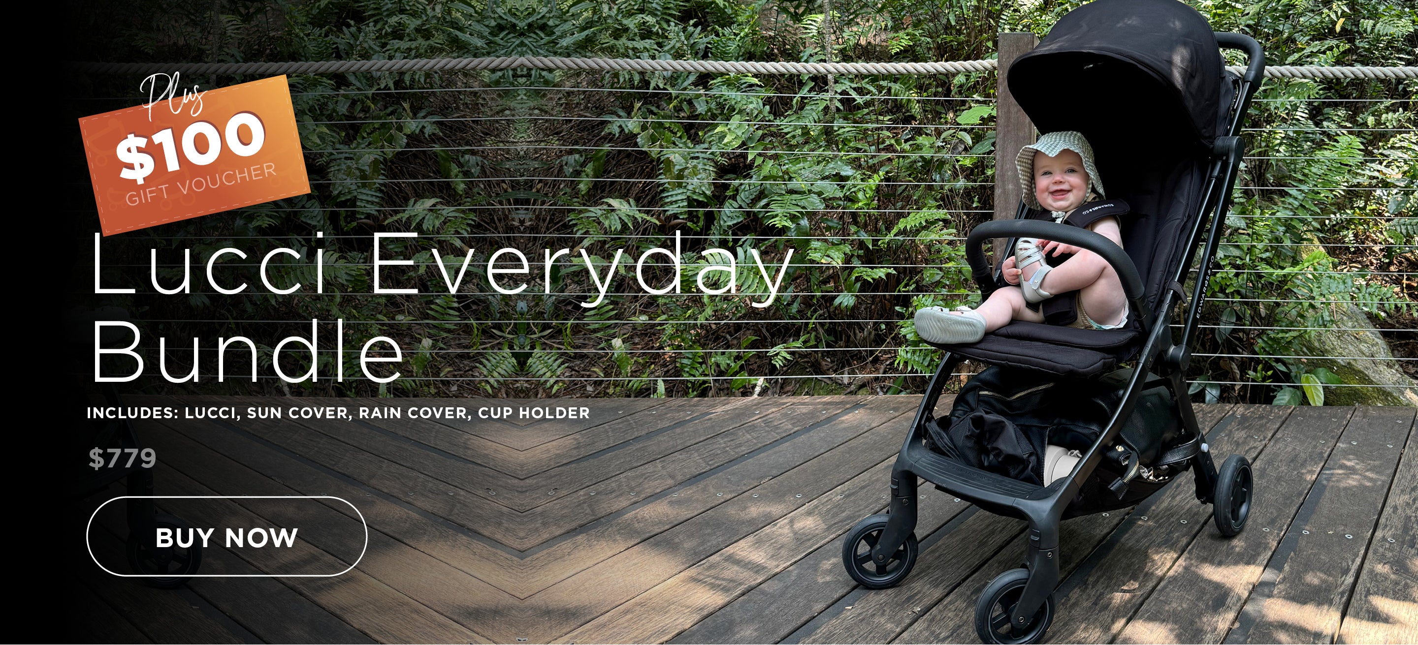 Lucci stroller with child on a wooden deck, promotional text overlay.