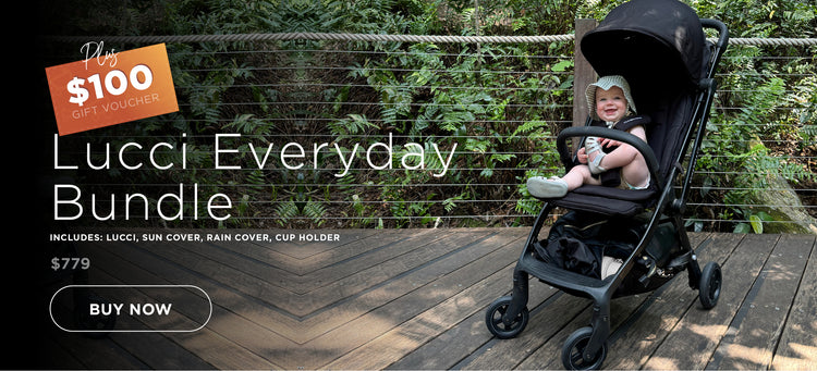 Lucci stroller with child on a wooden deck, promotional text overlay.
