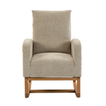 A high-back upholstered Myla Nursery Chair with textured beige fabric and a natural wood slat base, shown against a plain white background.