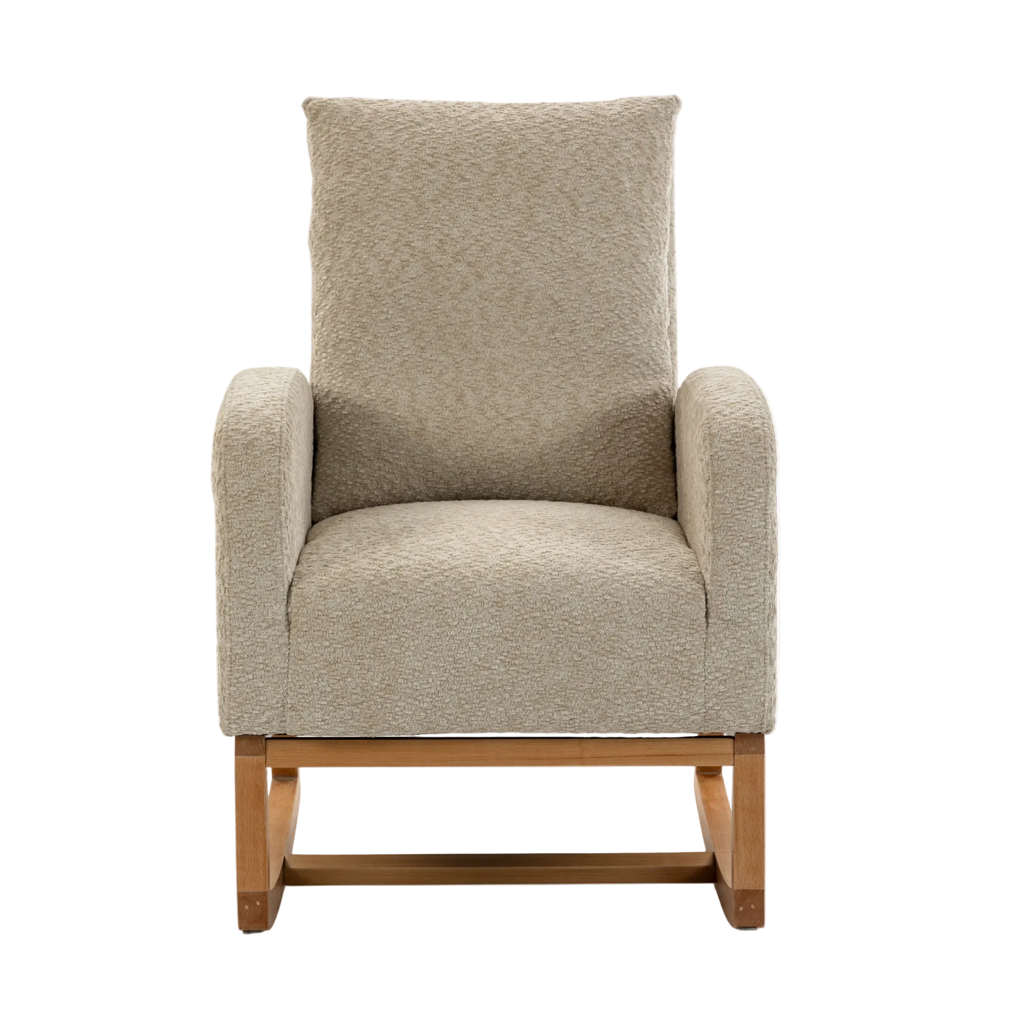 A high-back upholstered Myla Nursery Chair with textured beige fabric and a natural wood slat base, shown against a plain white background.