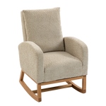 Myla Nursery Chair with textured beige fabric and a natural wood rocking base, shown on a plain white background.