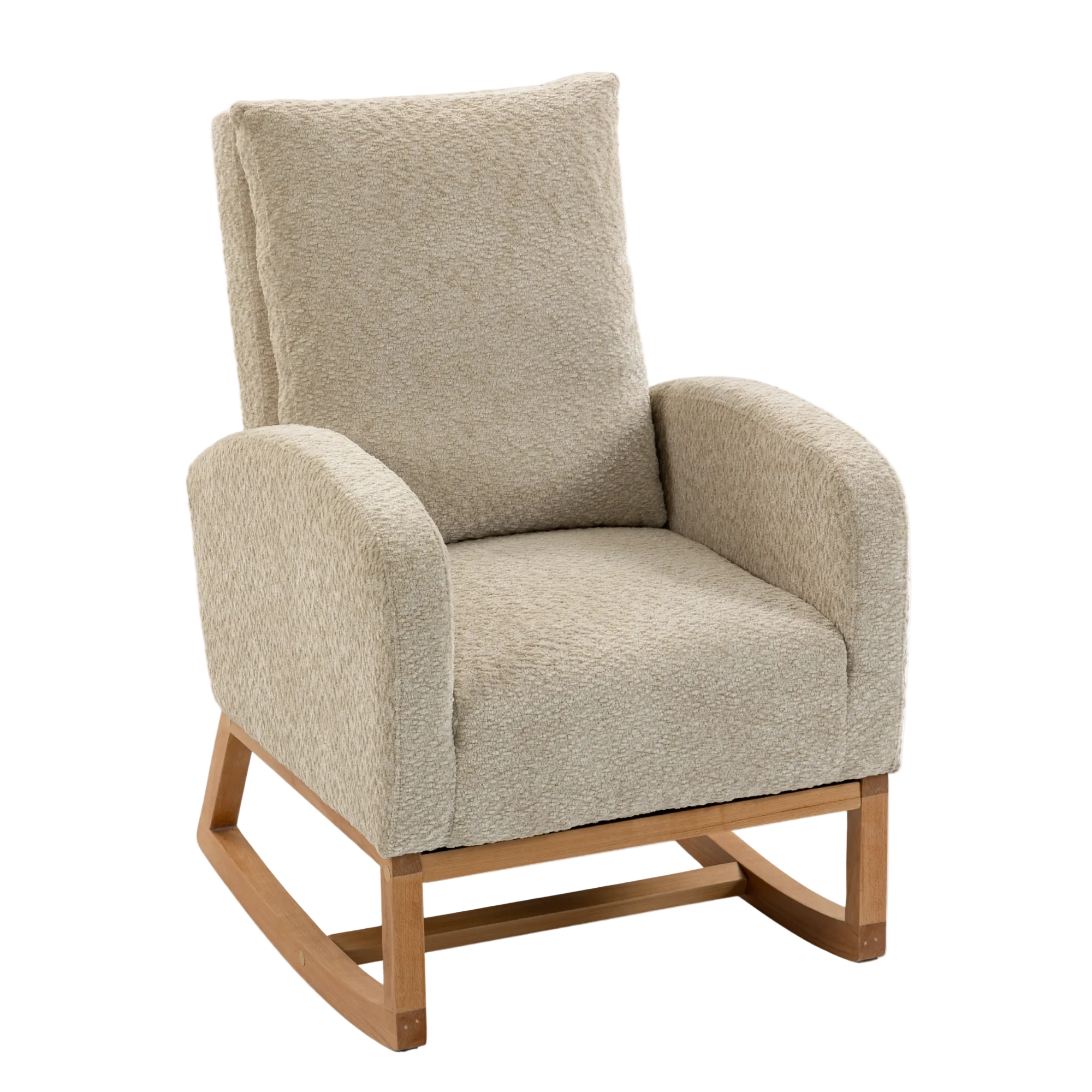 Myla Nursery Chair with textured beige fabric and a natural wood rocking base, shown on a plain white background.