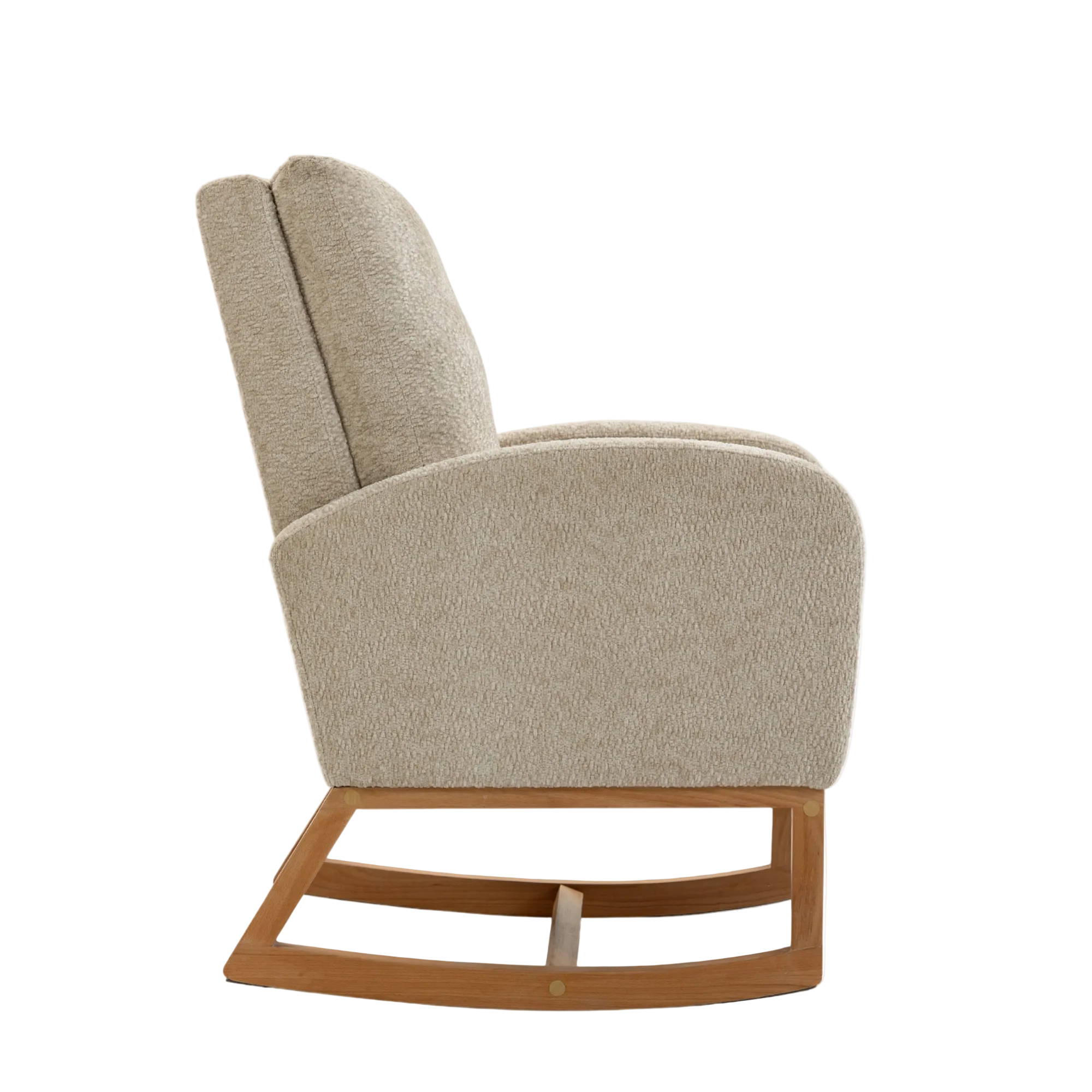 A modern rocking chair with a high back, textured beige fabric, and a natural wood rocking base, shown from a side profile on a white background.
