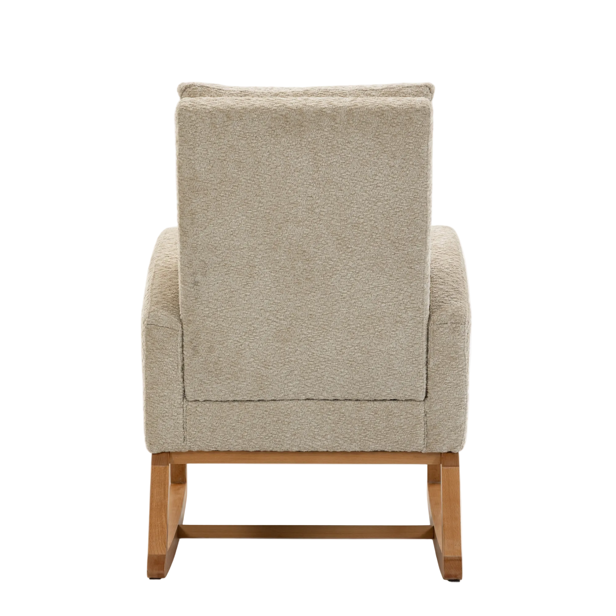 Myla Nursery Chair shown from the back, featuring textured beige fabric upholstery and a light brown wooden frame with curved legs.