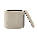 A cylindrical upholstered Mylo ottoman with a hinged lid, shown in a light beige textured fabric on a plain white background.