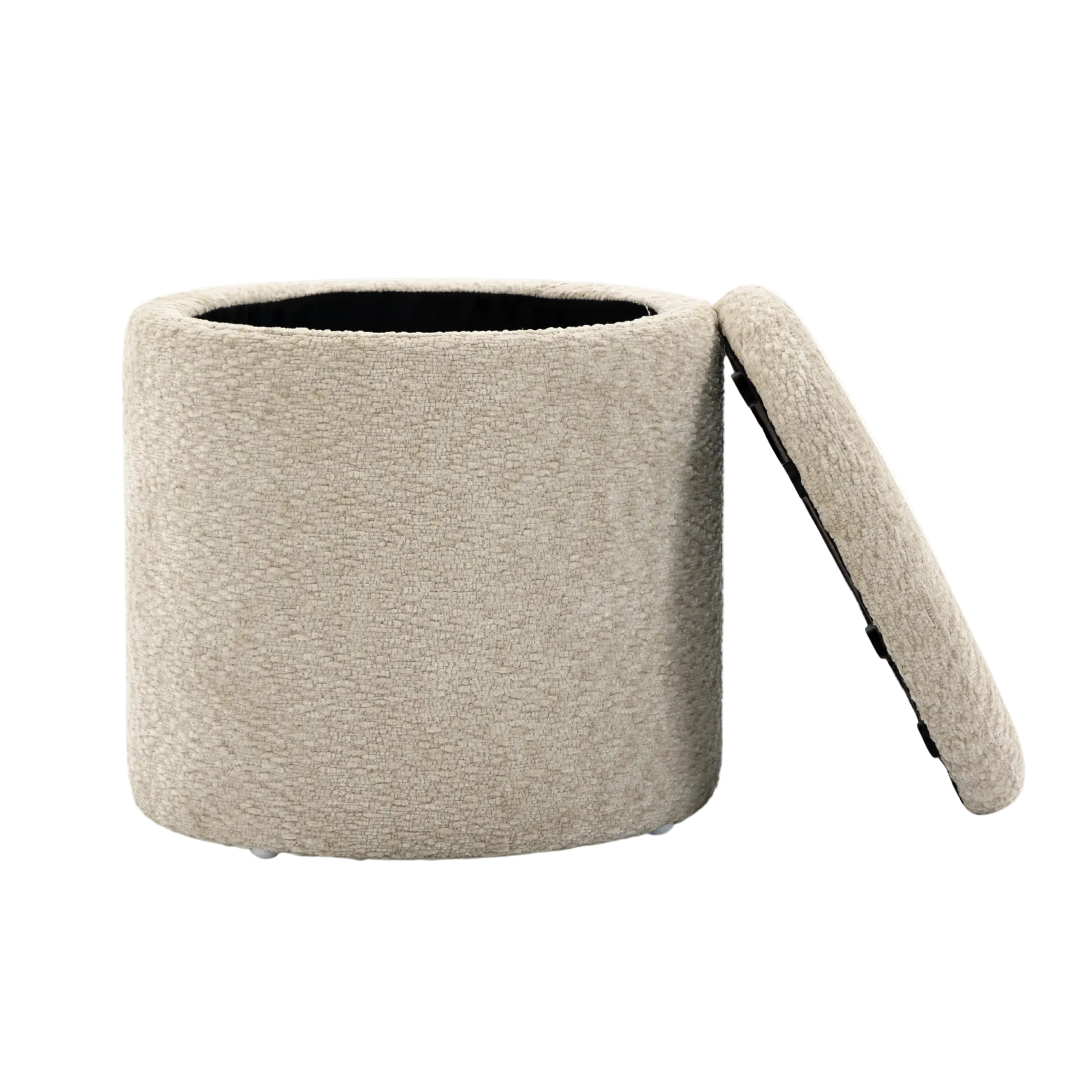 A cylindrical upholstered Mylo ottoman with a hinged lid, shown in a light beige textured fabric on a plain white background.
