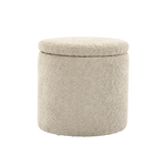 A cylindrical upholstered Mylo ottoman with a textured beige fabric cover and a matching round lid, shown on a plain white background.