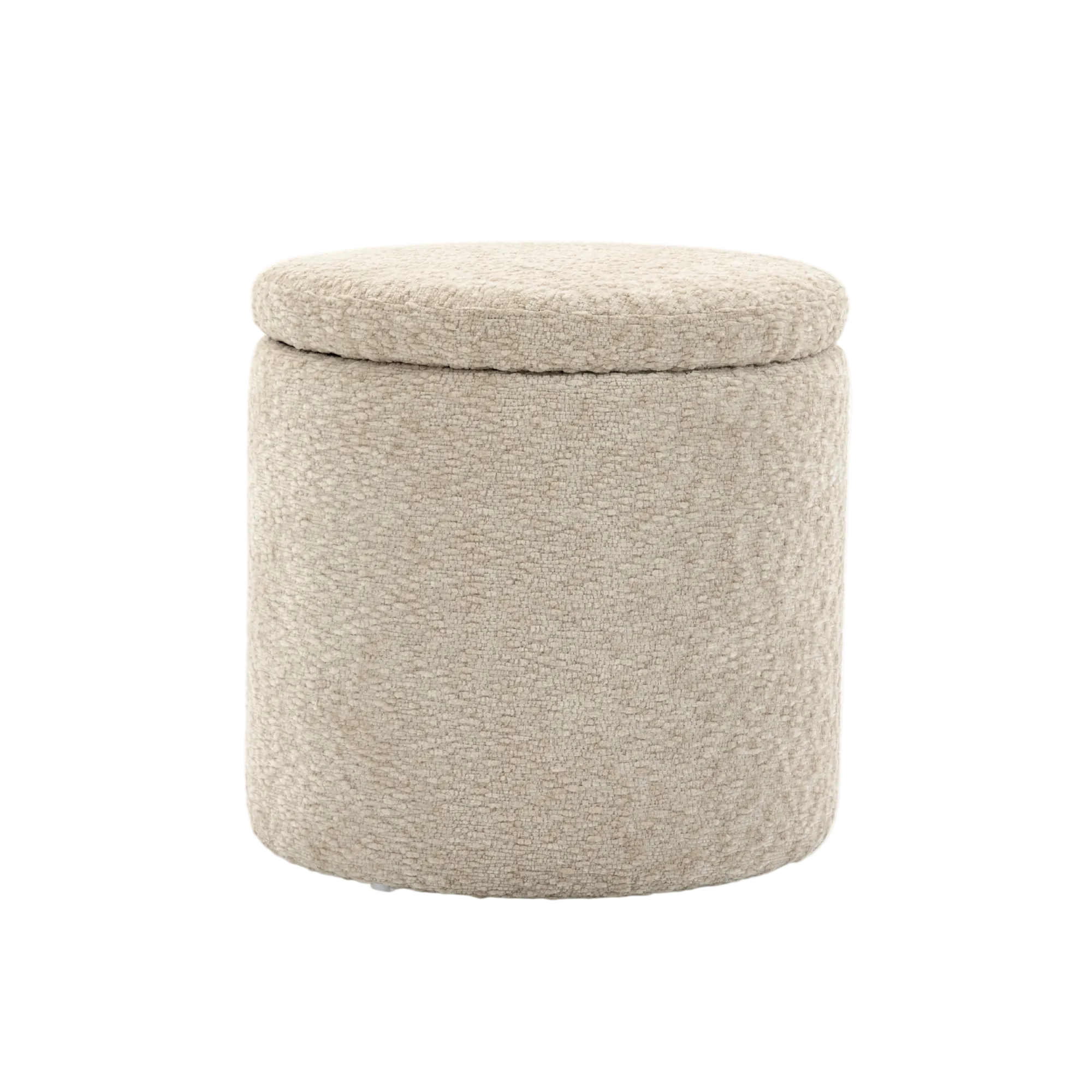 A cylindrical upholstered Mylo ottoman with a textured beige fabric cover and a matching round lid, shown on a plain white background.