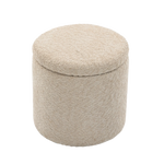 A round upholstered Mylo Ottoman with a textured fabric cover, shown on a plain white background.