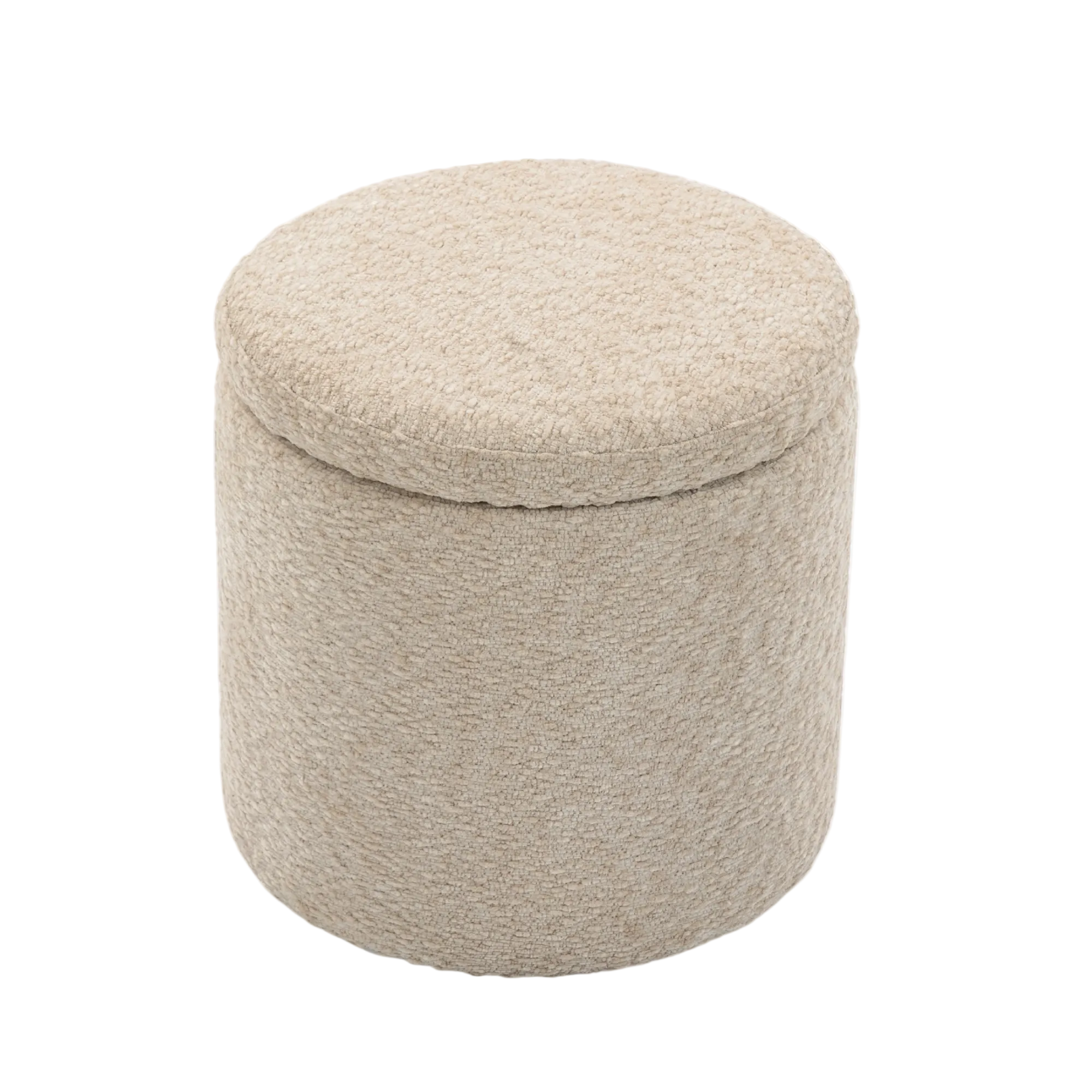 A round upholstered Mylo Ottoman with a textured fabric cover, shown on a plain white background.