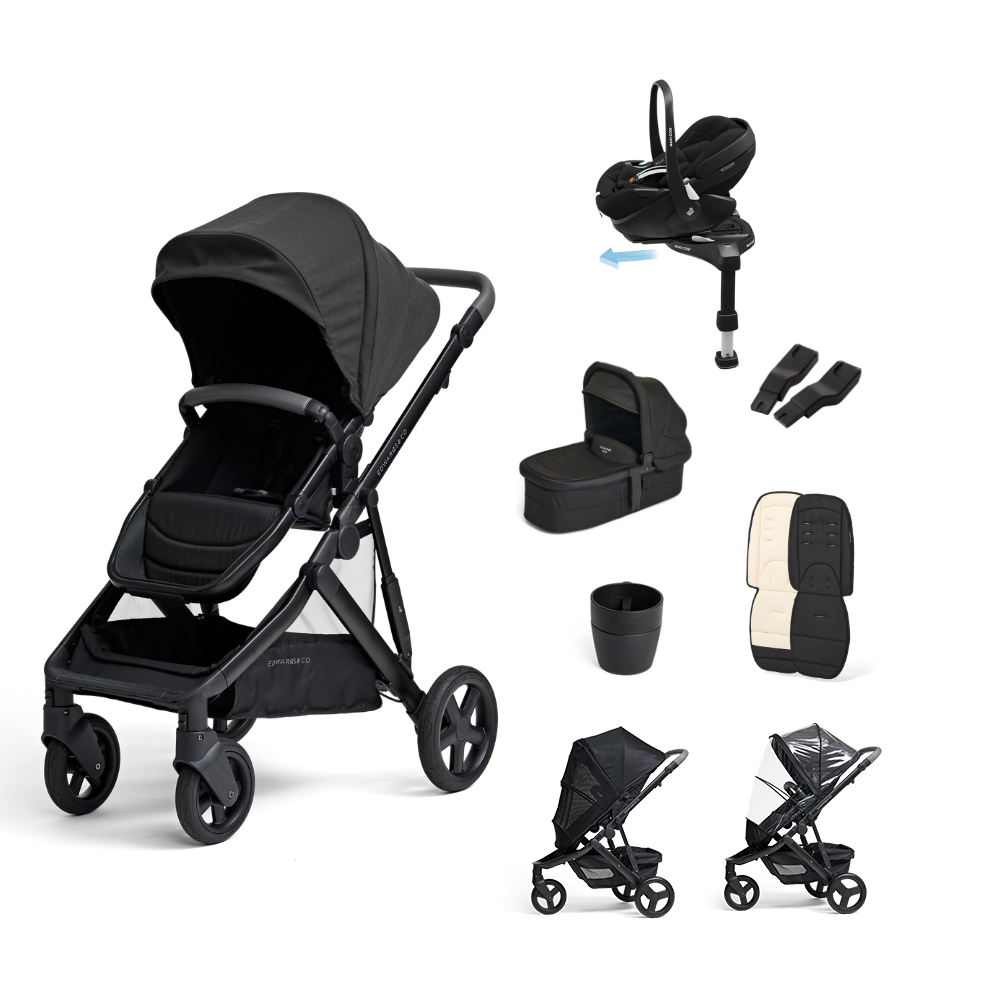 Black Olive stroller set with car seat, cup holder, and footmuff on a white background