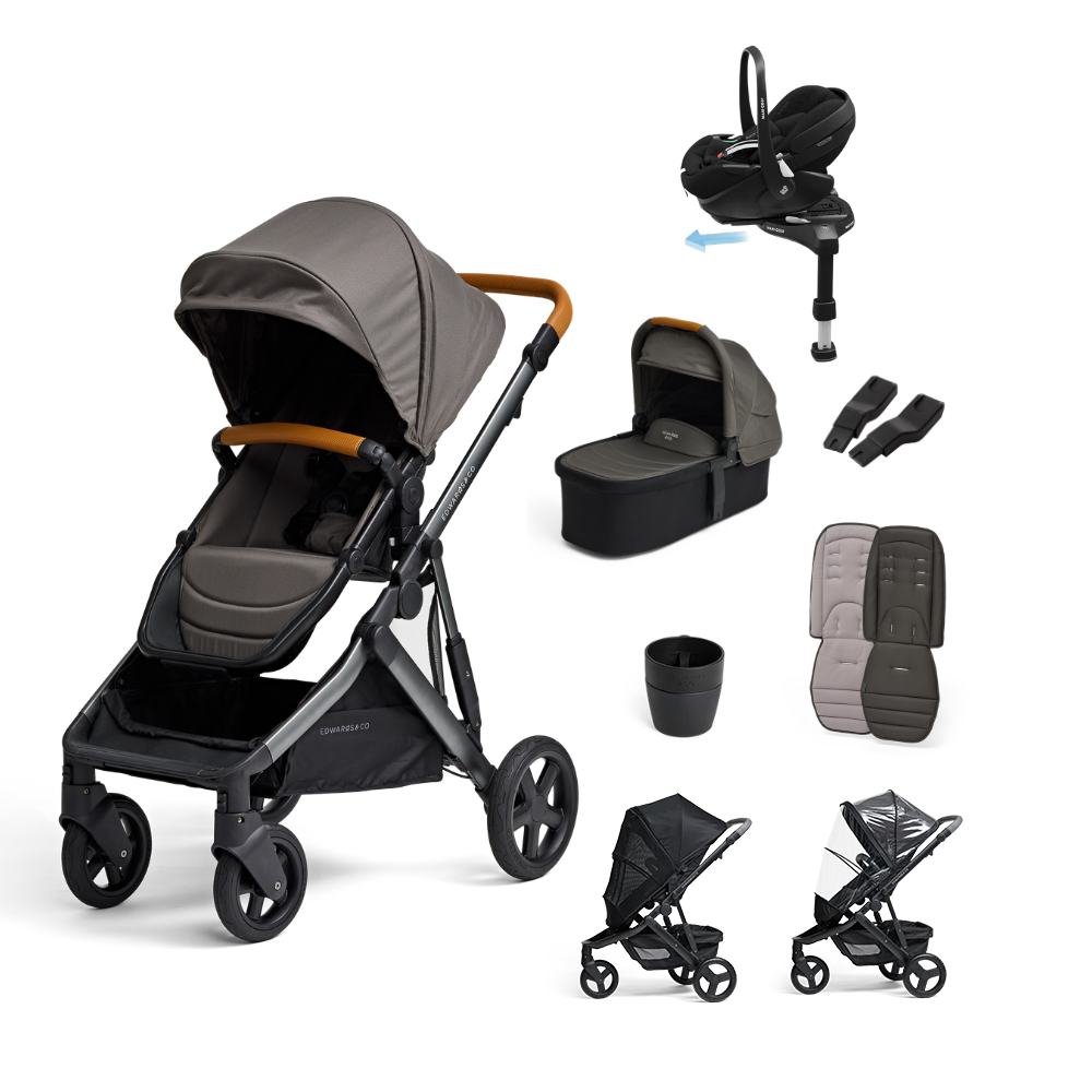 Ruby Gloss Olive Bundle with Car Seats and other components of a pram on a white background
