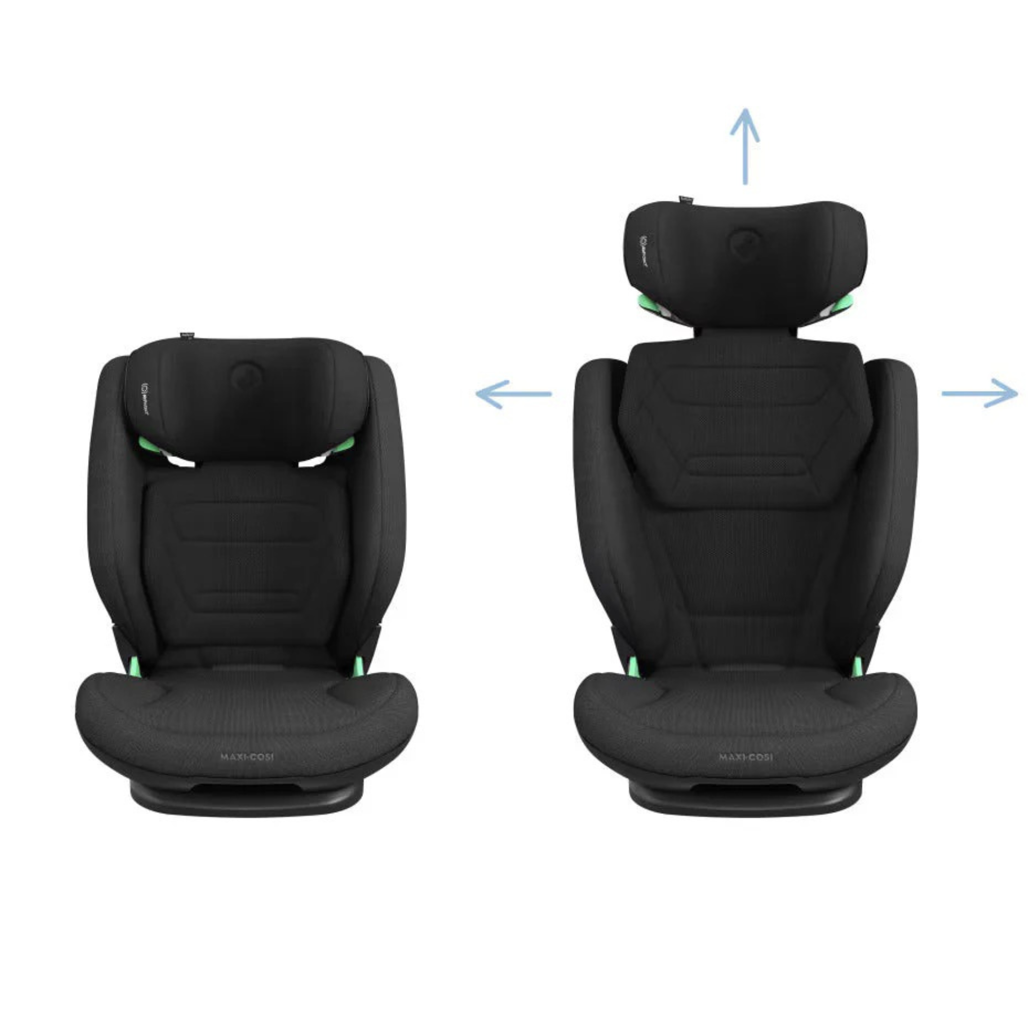 Maxi-Cosi Rodifix Pro2 i-Sizes Black  with adjustable headrest and seatback on a white background