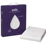 snuz mattress protector packaging with white mattress protector on a white background