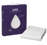 snuz mattress protector packaging with white mattress protector on a white background