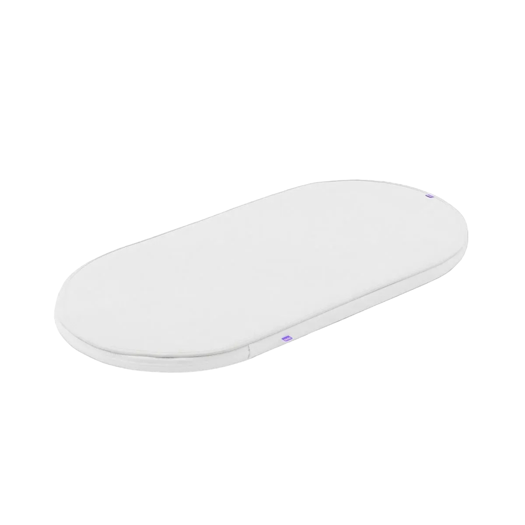 SnüzBaskit mattress with a smooth fabric cover, shown from an elevated angle on a solid white background.