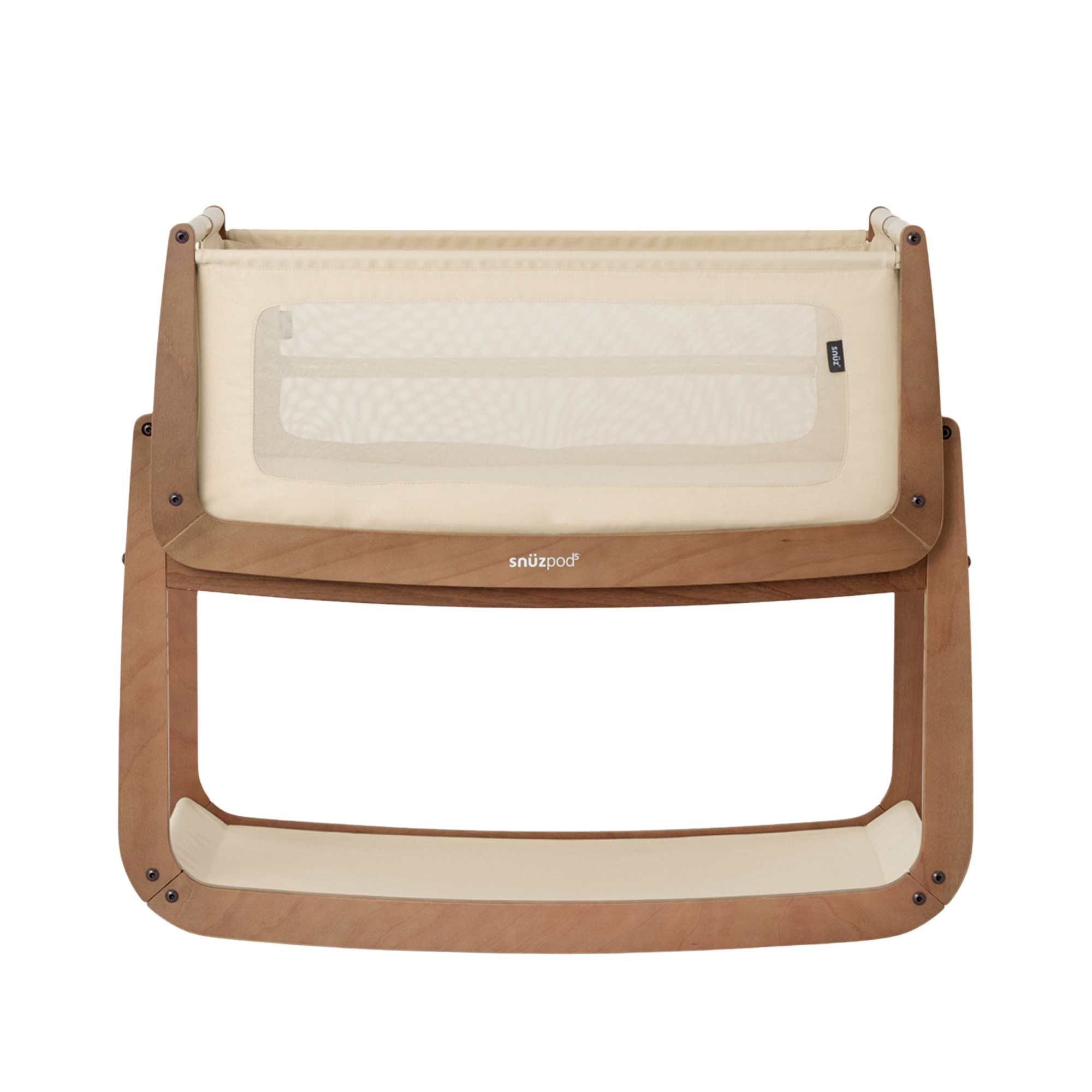 SnüzPod5 baby bassinet with a natural wood frame, cream mesh backrest, and beige fabric lining, shown against a solid white background.