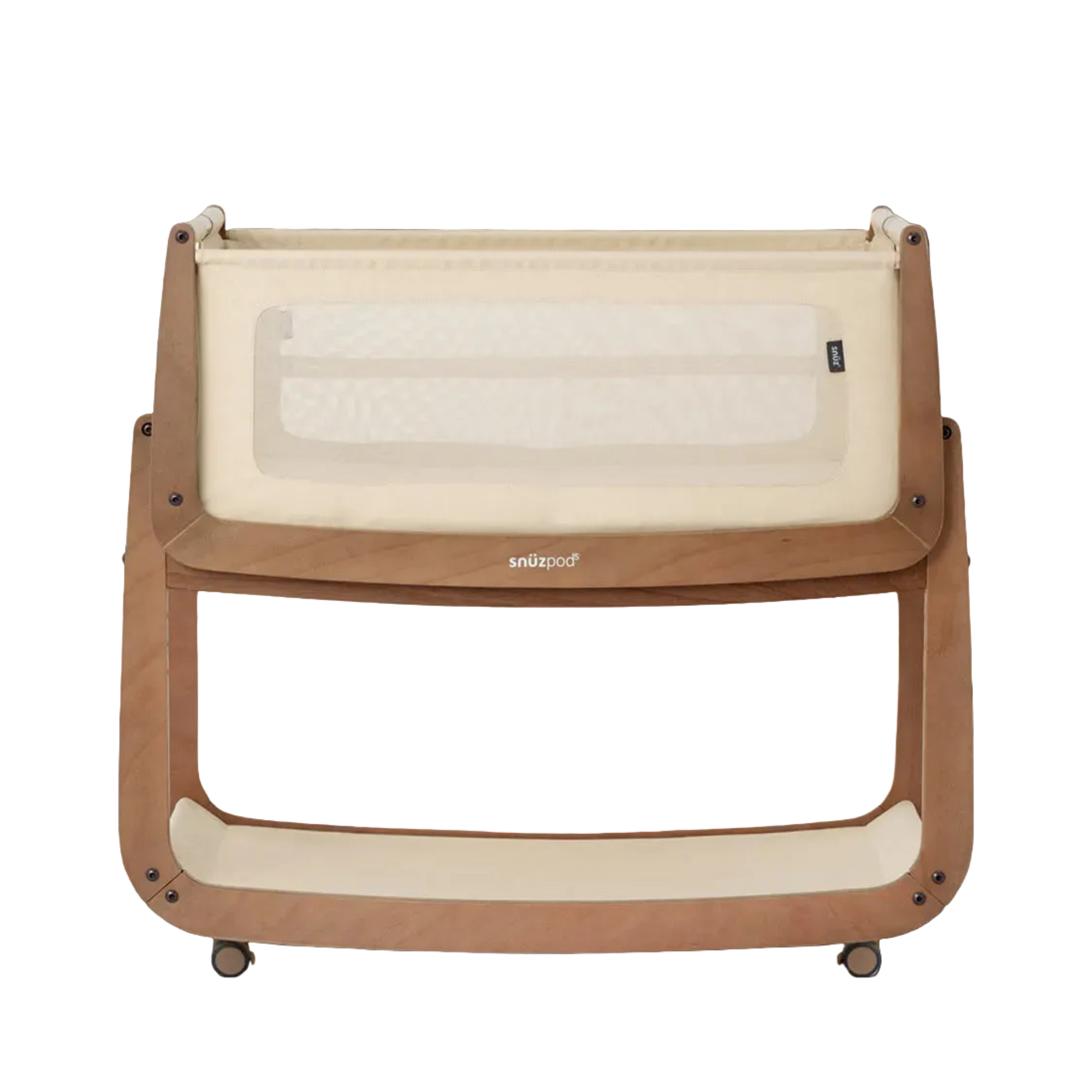 SnüzPod5 baby bassinet with a light natural wood frame, cream mesh safety netting, and cream fabric lining, shown on a plain white background.