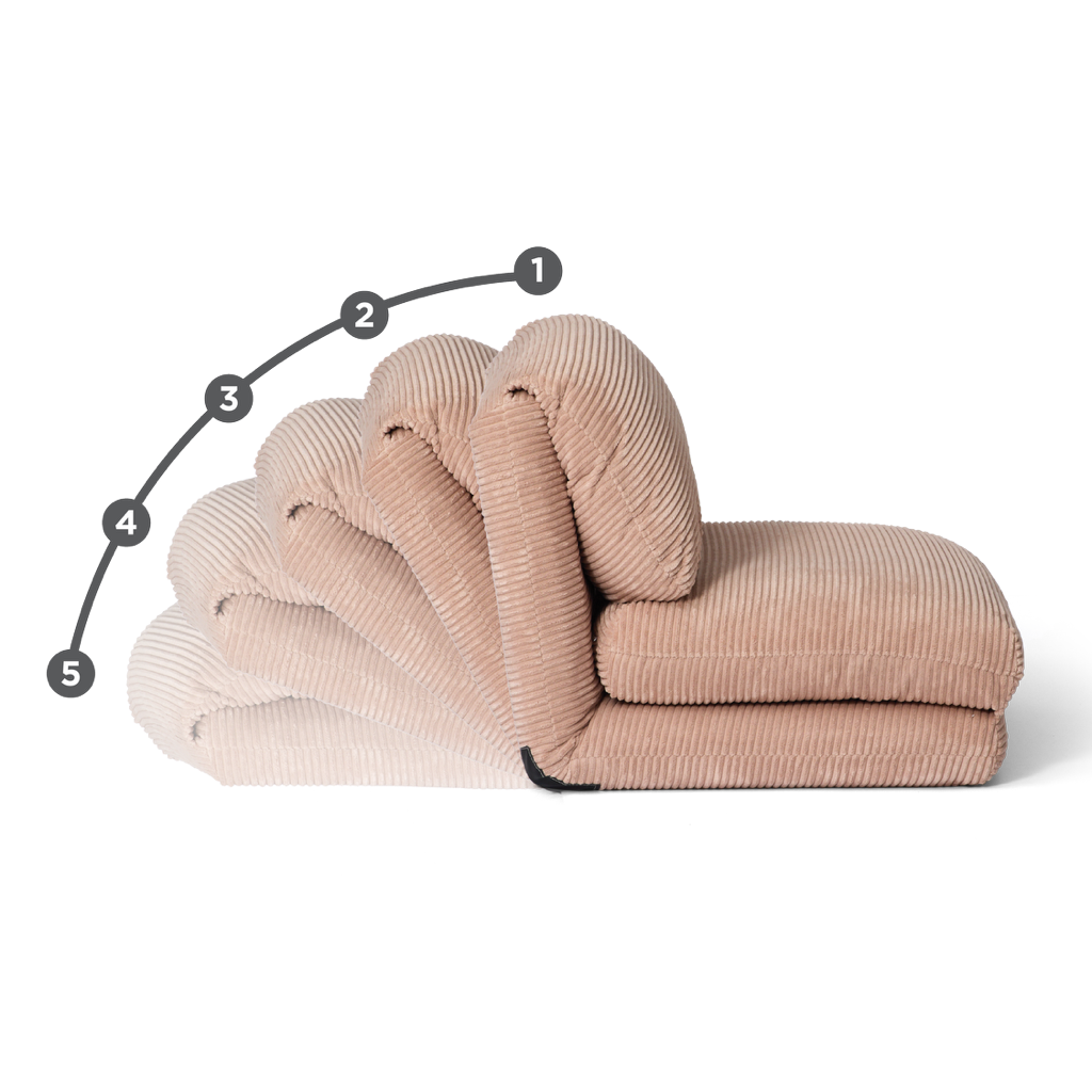 Unfolding Blush Rylee Recliner on a white background with numbered steps.