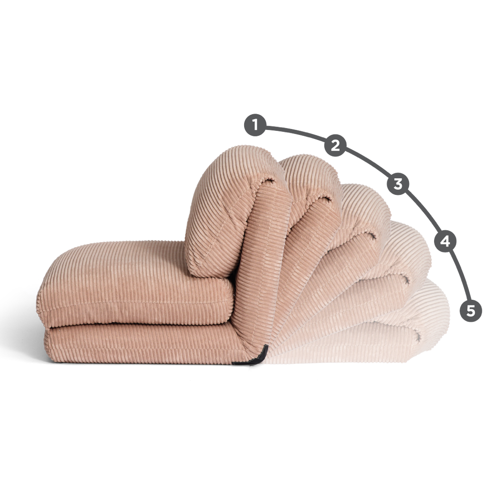Unfolding the Blush Rylee Recliner with numbered points on a white background