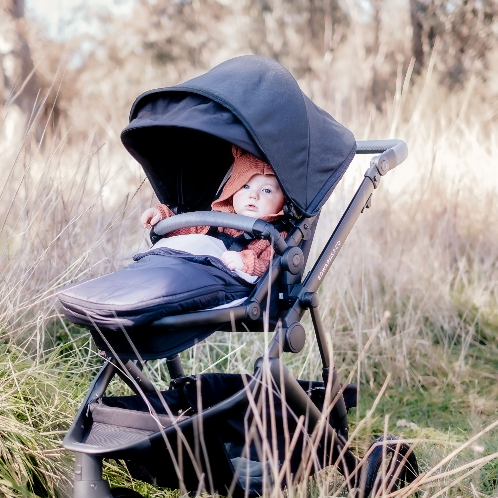 Baby in a stroller with sleeping bag surrounded by tall grass