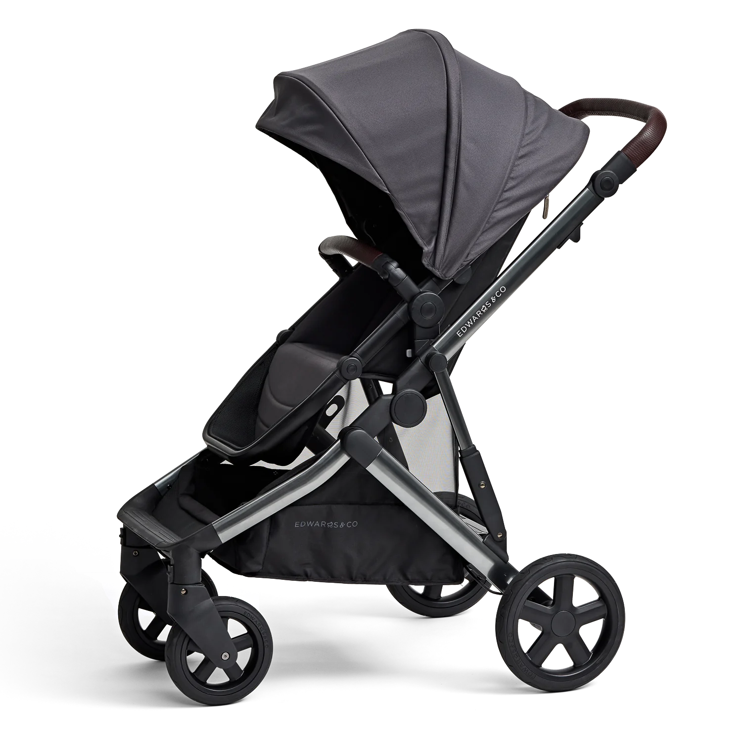 Olive stroller with a gray canopy on a white background
